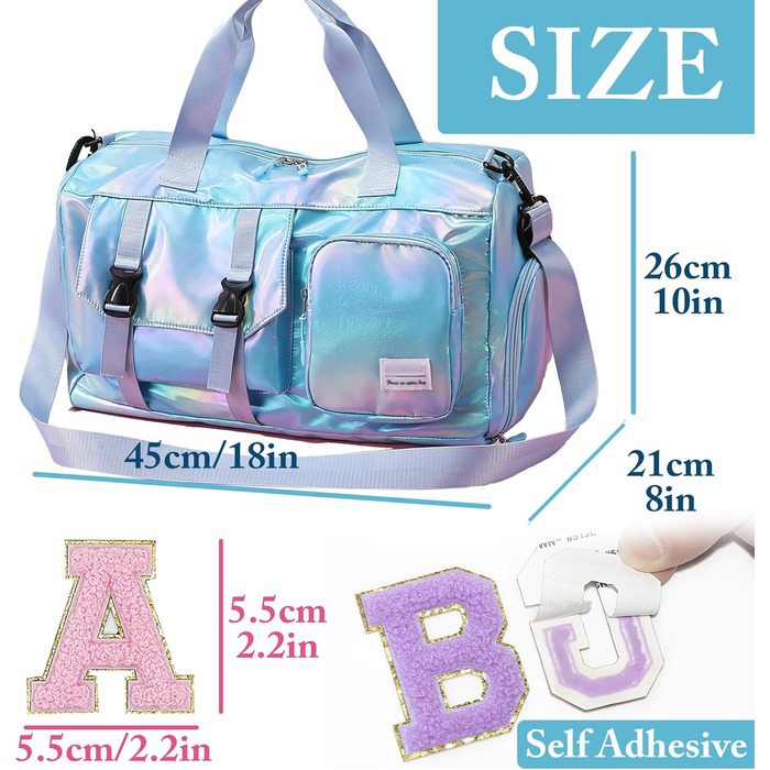 Спортивна сумка для фітнесу та подорожей для жінок і чоловіків з відділенням для взуття та вологих речей, універсальна сумка для залу та плавання + набір наклейок-літер Chenille (26 шт, сині)
