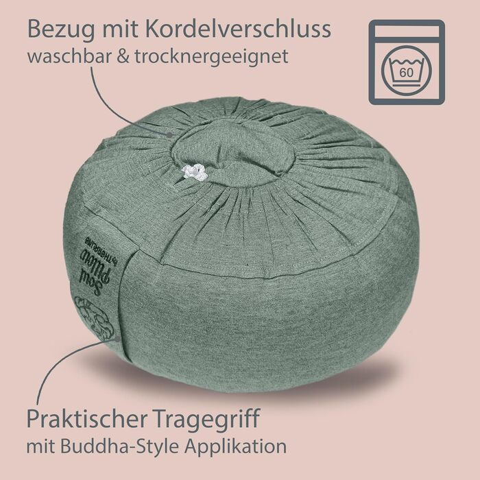 Медитаційне подушення Soul Pillow: зручне сидіння для йоги та медитації, Ø30 см, 15 см заввишки, з пшеничною начинкою, знімний чохол, екологічна тканина OEKO TEX 100, колір: зелено-сірий