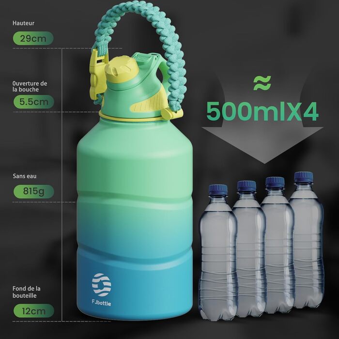 Термос-ботл Fjbottle 1900 мл з нержавіючої сталі, магнітна кришка, BPA Free, подвійні стінки, для газованої води, спортивна пляшка для води, університет, фітнес, кемпінг, аутдор, світло-зелений