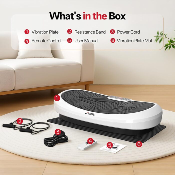 Вібраційна платформа JOROTO 4D для дому: 3 потужні мотори, професійне тренування всього тіла, 10 режимів (3 авто/7 ручні), таймер, до 158 кг, тиха та неслизька