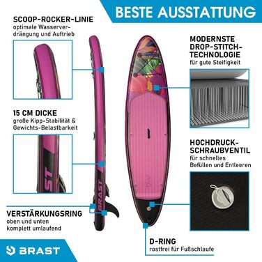 Жіноча надувна SUP-дошка BRAST 300 см з веслом, сидінням-каяком, кріпленням для екшн-камери, ременем на ногу, насосом і рюкзаком — комплект для сапбордингу