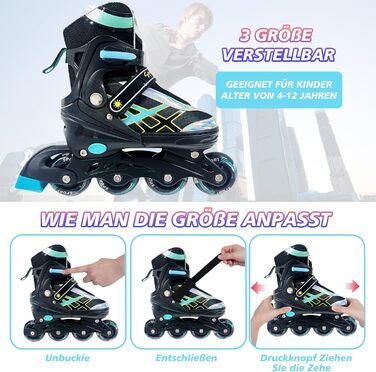 Роликові ковзани для дітей, регульовані, чорно-сині. Розміри 32-35 EU (210-240 мм). Підходять для початківців, для використання в приміщенні та на вулиці.