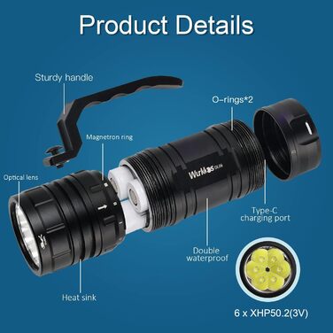 Ліхтар під водою Wurkkos DL06 з 6 LED XHP50.2, 15000 Люмен, акумулятор 3*5000mAh, USB-C зарядка, 6000K