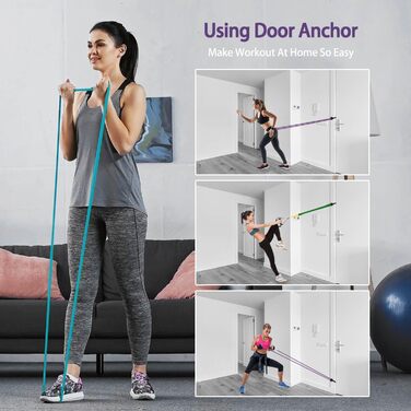 Набір еластичних стрічок для фітнесу AUVIM: 3 рівні опору для силових тренувань, розтяжки, калістеніки, кросфіту, пілатесу, йоги. У комплекті: дверний анкер та сумка для зберігання (фіолетовий, синій, оранжевий, зелений)