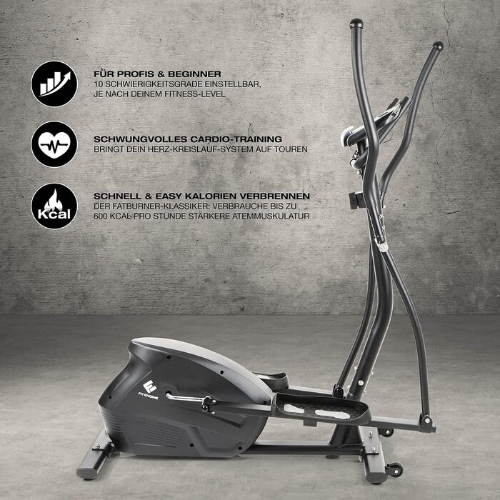 FitEngine Crosstrainer з 10 рівнями навантаження, великим дисплеєм та тримачем для планшета/смартфона, датчиками пульсу та неслизькими педалями (до 150 кг)