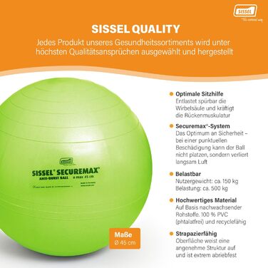 Гімнастичний м'яч SISSEL SECUREMAX 45 см, зелений, навантаження до 500 кг, 100% ПВХ, для фітнесу та реабілітації, антивибухова система, з постером і знімачем пробки