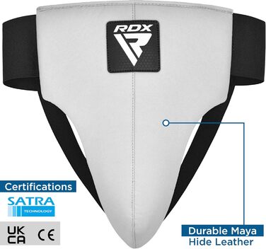 Захист паху RDX для чоловіків (Maya Hide шкіра), захисний ракушка для боксу, MMA, кікбоксингу та тайбоксу, розмір L, колір білий/чорний, сертифікований SATRA