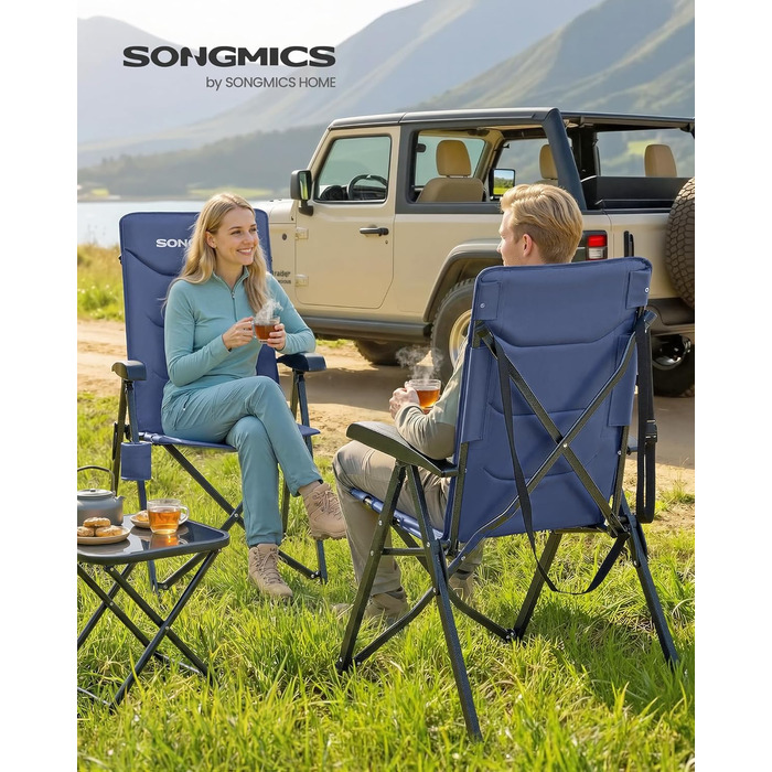 Складний туристичний стілець SONGMICS для дорослих, регульована спинка, обертовий підсклянник, для відпочинку на природі, риболовлі, саду, блакитний