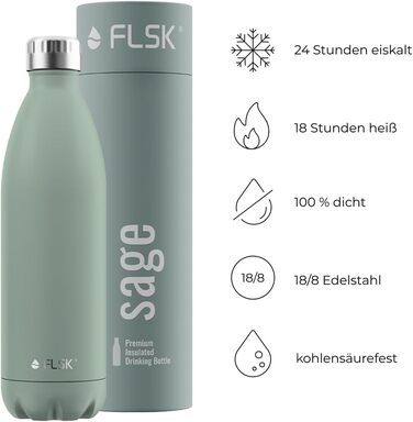 Пляшка для води FLSK 1000 мл із нержавіючої сталі, термос, преміум-якість, герметична, підходить для газованих напоїв, зберігає холод до 24 годин, тепло до 18 годин (sage)