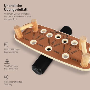 MSPORTS Push-Up Board Holz Premium: Дошка для віджимань з роликом – багатофункціональна дошка для тренування кора, балансу та сили – 15 положень, масивні ручки, антиковзаюча, обладнання для фітнесу для дому