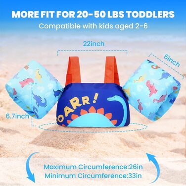 Надувні рукавики для плавання Gogokids для дітей 2-6 років (15-30 кг), безпечні рукавики-плавці з застібкою та рукавами (темно-синій, динозавр)