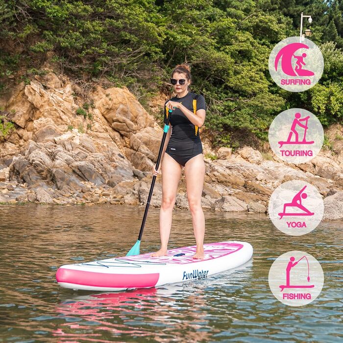 SUP дошка FunWater надувна з комплектом: весло, насос, рюкзак, ліш, сумка, грейдпад, 3 м, зелено-рожева
