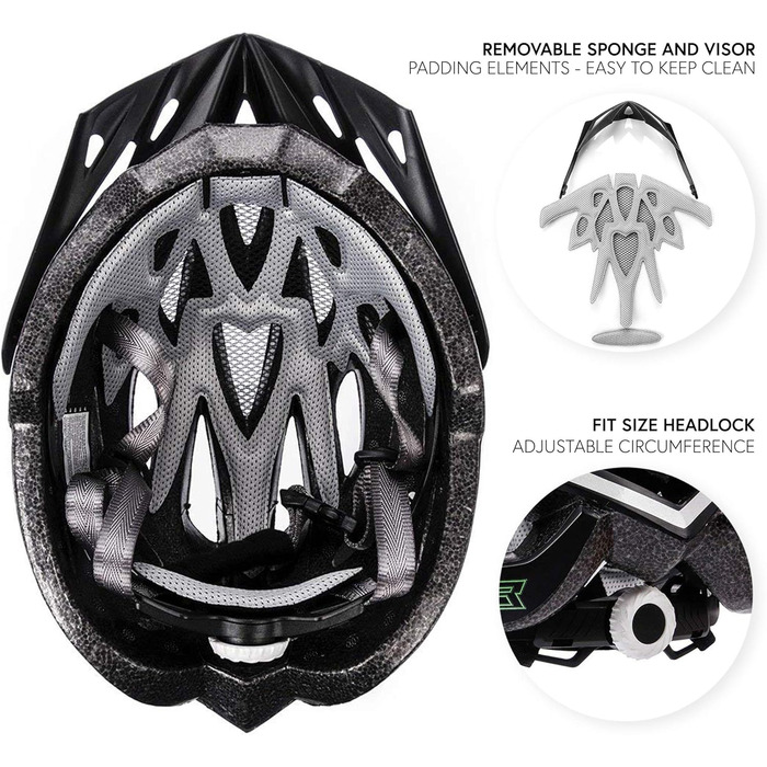 Шолом велосипедний Meteor Gruver для дорослих, дітей, MTB, BMX, роликів, скейтборду, скутера. Чорний, зелений, M (55-58 см)