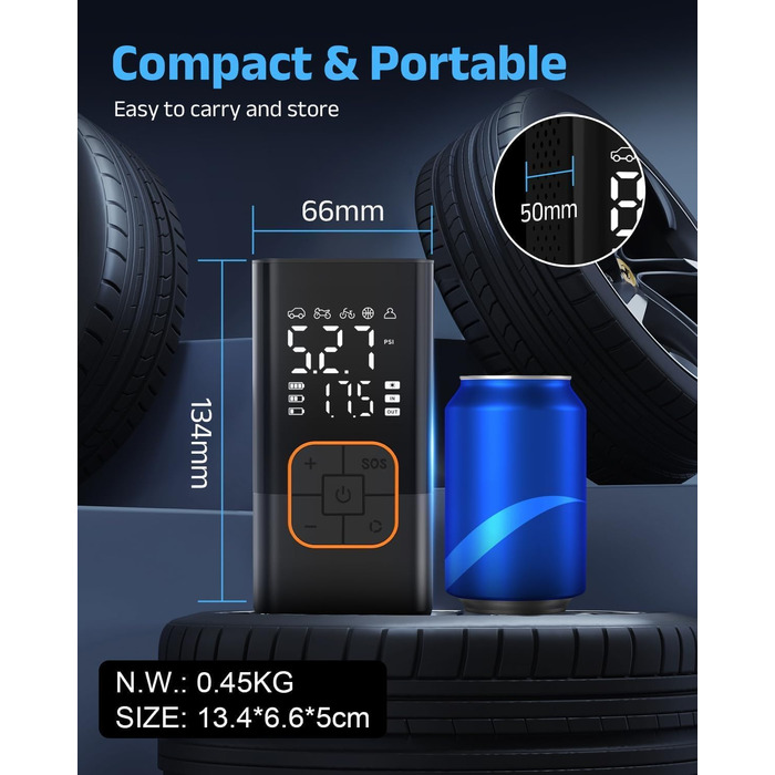 Електрична повітряна помпа, бездротова помпа для шин велосипеда з цифровим манометром (150 PSI), LED-ліхтар, для авто/велосипеда/мотоцикла/м'яча