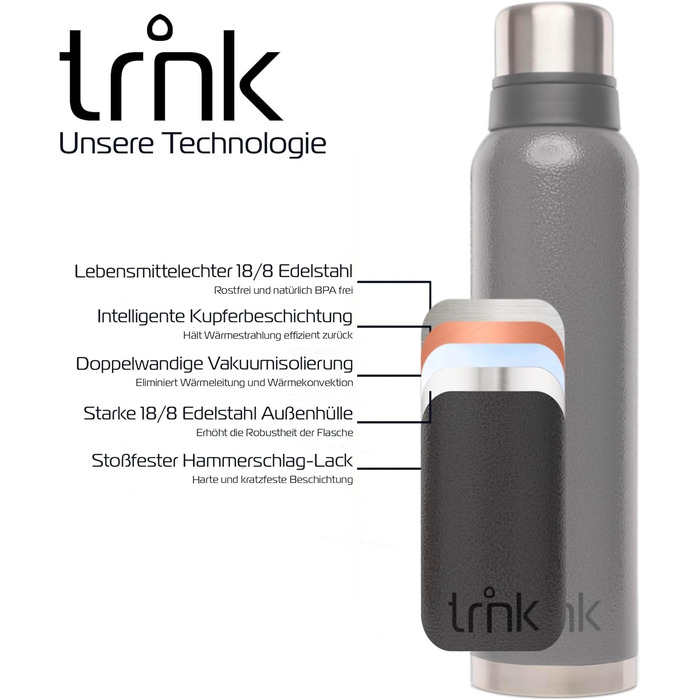 Термос TRNK Outdoor Polar 2, 1600 мл, нержавіюча сталь, BPA-free, з двома чашками, тримає тепло до 40 годин, підходить для посудомийки, колір вулканічний сірий