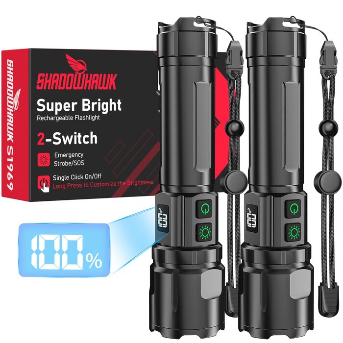 Ліхтарик Shadowhawk LED акумуляторний 2 шт. | Тактичний ліхтарик (2 вимикачі) 500000 люмен, до 1000 м, 12 годин роботи, для кемпінгу/походу/відпочинку на природі, регульована яскравість, чорний