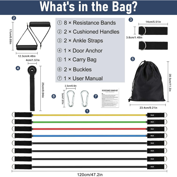 Набір фітнес-гумок 5 шт. з різними рівнями опору, з дверними фіксаторами, ручками та кігтями для щиколоток. Підходить для чоловіків та жінок, 8 кольорів. Для м'язового розвитку та пілатесу.