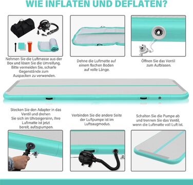 Надувний гімнастичний мат для дому, 300x100x10 см (м'ятно-зелений)