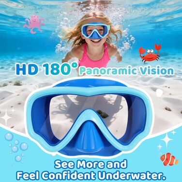Дитячі маски для снорклінгу Vvinca з тканинним ремінцем, маски для плавання для дітей 3-14 років, хлопчиків та дівчаток, маска для дайвінгу 180° панорамний анти-затоплення (2-блакитний+зелений)