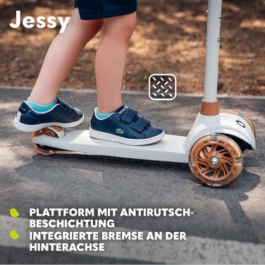 Дитячий триколісний самокат LIONELO Jessy Premium з LED-підсвіткою коліс, регульованою висотою та протиковзкою платформою, коричневий (до 50 кг, для дітей від 3 років)