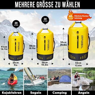 Чорний рюкзак Blackace Arteesol водовідштовхуючий, Dry Bag 20L, 40L, 45L - для каякінгу, кану, кемпінгу, трекінгу, походів, вітрильного спорту та інших водних видів спорту (Жовтий, 45L)