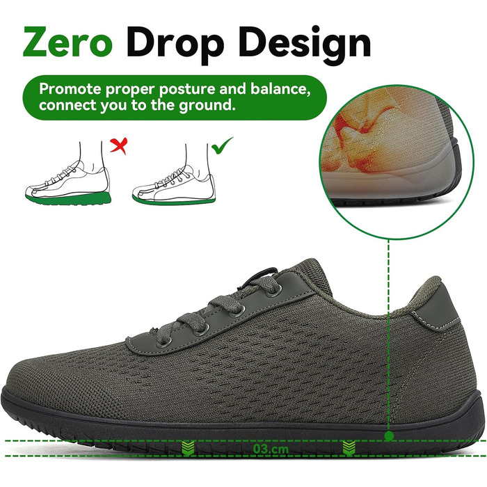 Легкі кросівки для бігу Barfußschuhe: чоловічі та жіночі, дихаючі, з широкою переднячкою, антиковзаючі, для трейлу та бігу по вулицях (40 EU, армійний зелений)