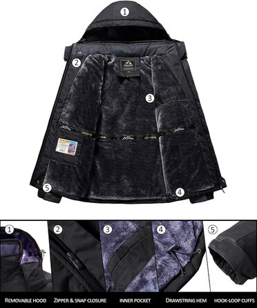 Зимова куртка KEFITEVD для чоловіків, водонепроникна, тепла, з підкладкою, для катання на лижах, зимова, спортивна, вітронепроникна, дихаюча, знімний капюшон (S, чорно-сіра)