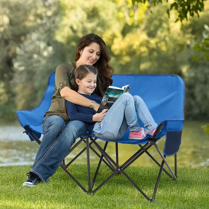 Складне крісло-диван для кемпінгу Sunula на 2 особи - портативне крісло з підлокітниками та сумкою, ідеально для пікніків, кемпінгу, саду, балкону, намету та риболовлі. Синій, 110 см