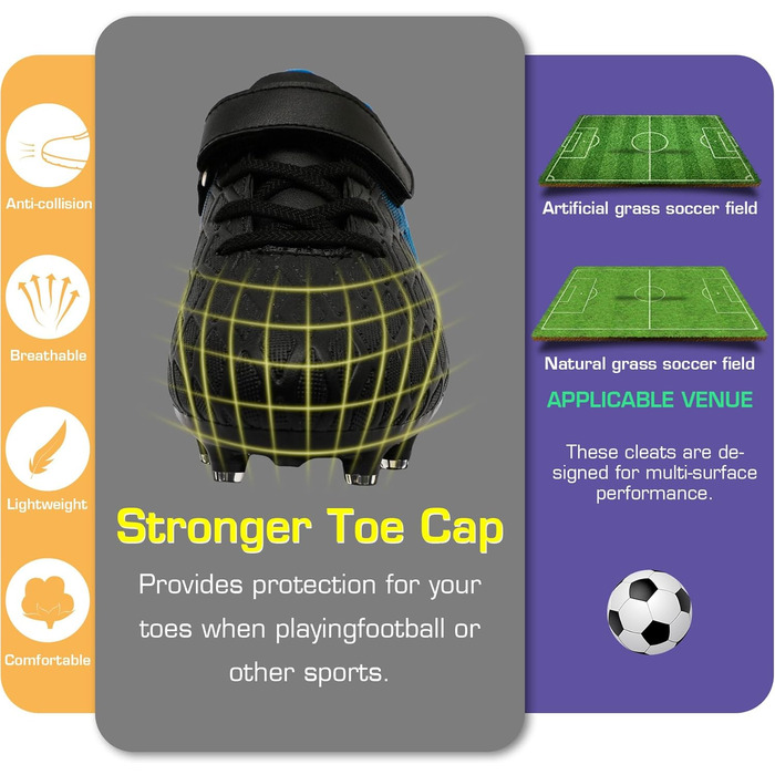 Дитячі футбольні бутси DimaiGlobal з шипами для хлопчиків та дівчаток. Зал, штучний газон, фрістайл, футзал. Професійне тренування. 33 EU, чорний/синій