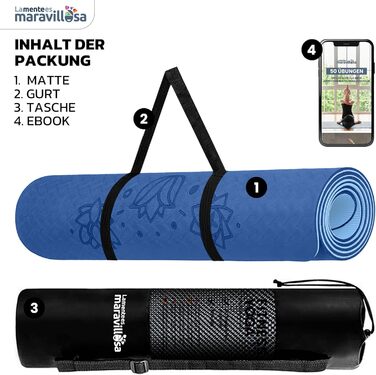 Килимок для гімнастики та йоги LA MENTE ES MARAVILLOSA: антиковзкий, з сумкою та E-book, 183x61 см