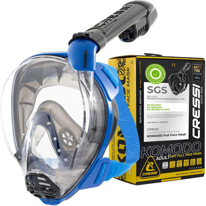 Маска для снорклінгу CRESSI Komodo Full Face Dry – повна маска з широким оглядом 180°, захист від CO2, антизапітніюче силікон, бічний трубка, регульовані стрічки (M/L, синій/чорний)