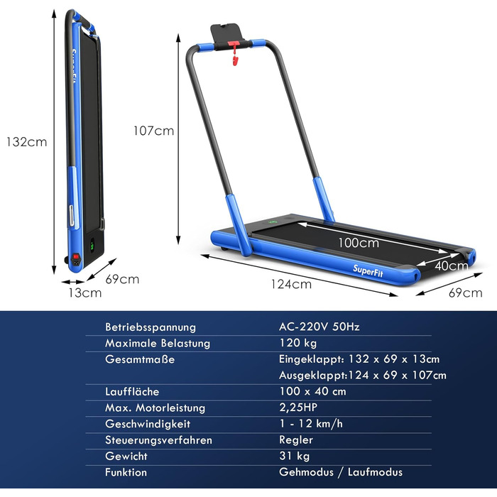 Бігова доріжка COSTWAY для дорослих, синя, 124x69x107 см, універсальна