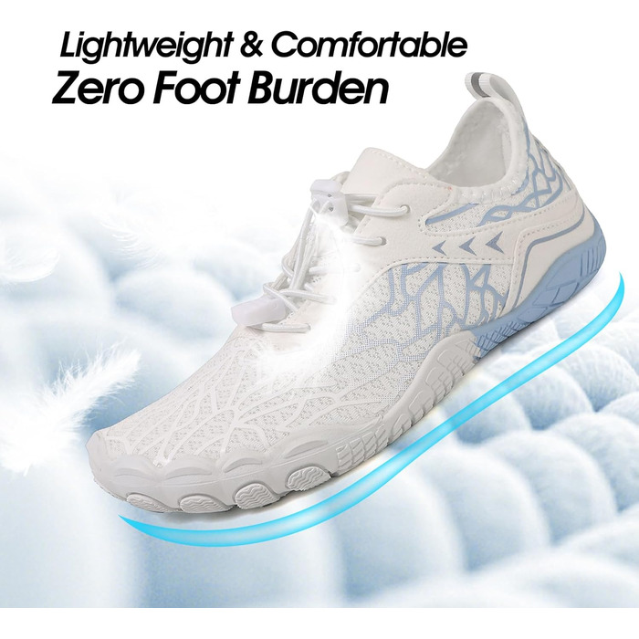 Взуття для плавання, водяні черевики для жінок, п'ятипалі, неслизька підошва, швидке висихання, дренажна система, легкі босижні черевики для багатоцільових активностей, білий/блакитний, 36-47 EU, Whiteblue 811 42 EU