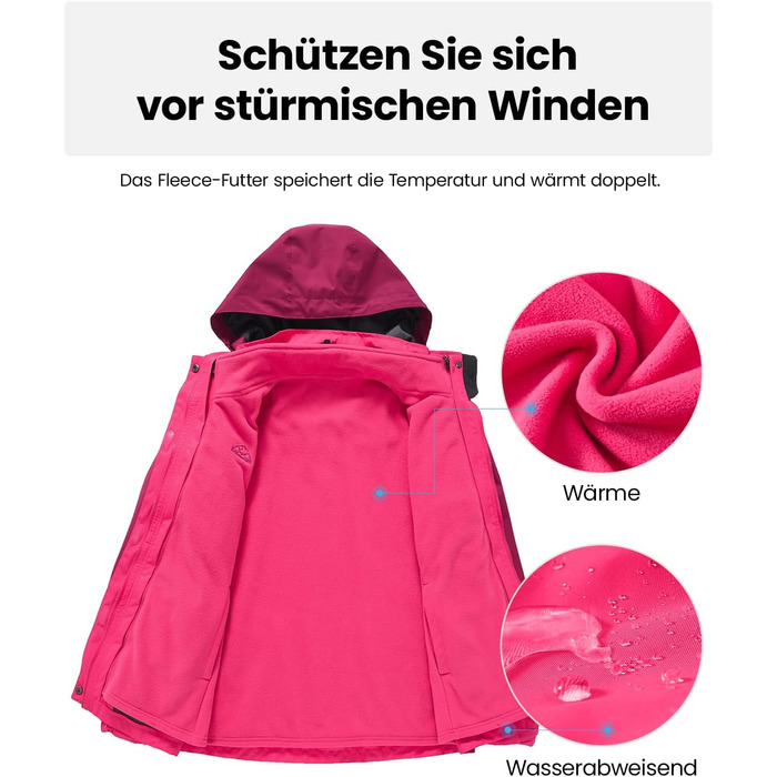 Жіноча 3-в-1 зимова куртка: водонепроникна, вітрозахисна, з флісовою підкладкою та знімним капюшоном, рожевого кольору