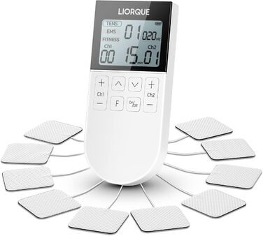 Пристрій TENS EMS Liorque для терапії болю: 3-в-1, 50 режимів, 10 електродів, стимуляція м'язів для рук, ніг, спини, плечей (білий)