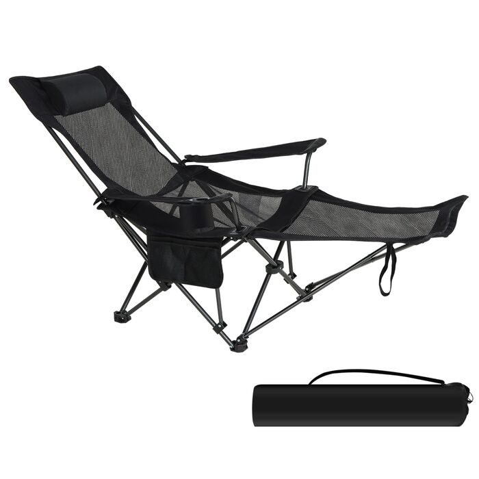 Складний стілець для кемпінгу eSituro, риболовний стілець, стілець для відпочинку на природі з підставкою для ніг та тримачем для напоїв, пляжний стілець з регульованою спинкою (Чорний)