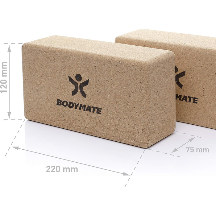 Набір йога-блоків з натурального корка BODYMATE (2 шт), екологічні блоки для йоги, пілатесу та медитації, 22 x 12 x 7,5 см