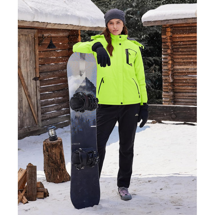 TACVAEN Куртка перехідна жіноча тепла зимова фльорокована куртка для хаджінг, водонепроникний блискавка, біло-чорний (XL, неоново-зелений)