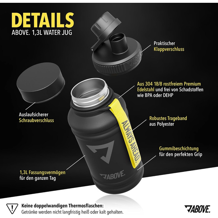 Пляшка для води з нержавіючої сталі ABOVE 1.3 л або 2.2 л, BPA Free, із безкоштовною кришкою, герметична, міцна, металева, для спорту, фітнесу та активного відпочинку, не термос, 1.3 л, чорна-жовта