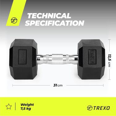 Гантель TREXO Hexagon 7,5 кг, прогумована, чавунна, для силових тренувань вдома, ергономічна ручка