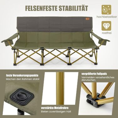 Крісло для кемпінгу Costway на 3 особи, розкладне, з м'яким сидінням, підстаканником та регульованими підлокітниками, вантажопідйомність 450 кг, для риболовлі та відпочинку на природі (зелене)