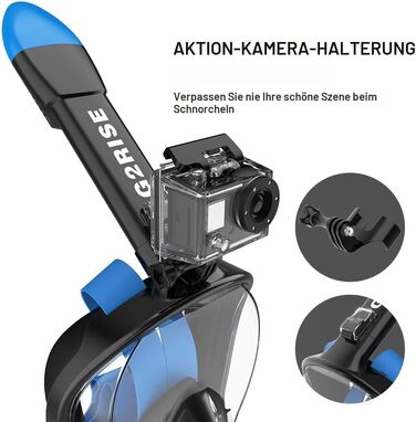 Маска для снорклінгу G2RISE® з трубкою, повна маска для дайвінгу, складана, CO2-безпечна, з кріпленням для камери, чорно-синя, для дітей та дорослих L-XL