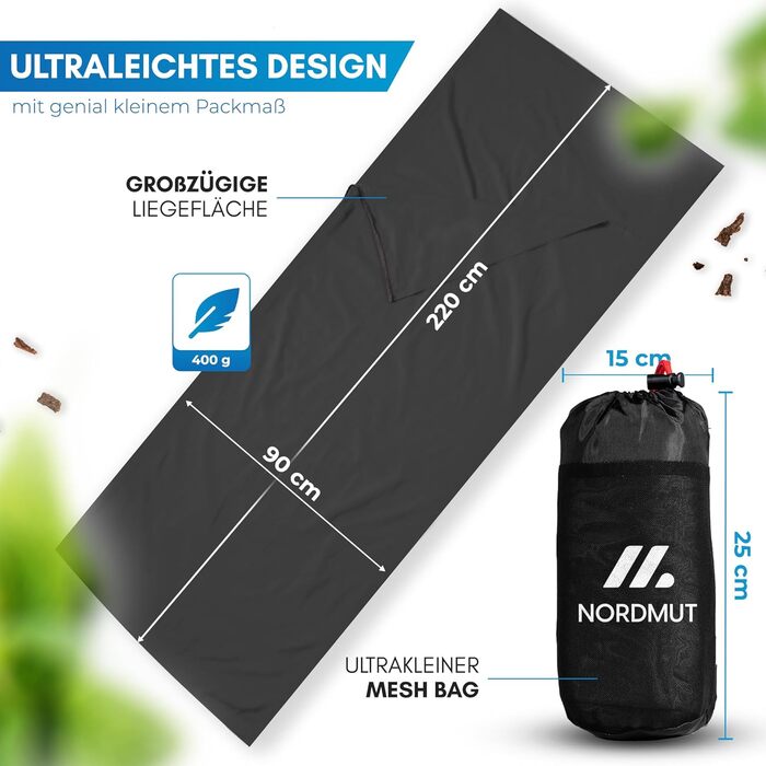 Спальний мішок NORDMUT® для подорожей: ультралегкий, з мікрофібри або бавовни, дихаючий, з кишенькою для подушки, сірий, поліестер