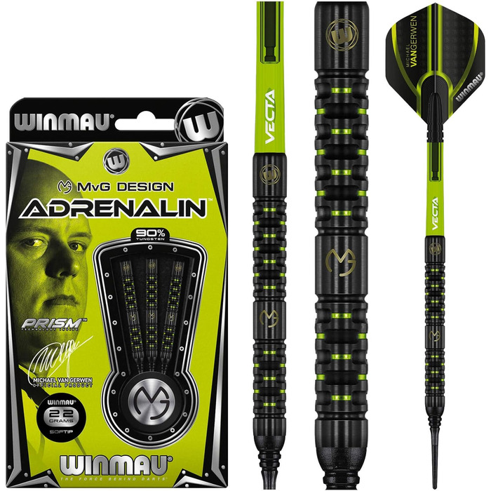 Дротики WINMAU Michael Van Gerwen MvG Adrenalin 22 г професійні, вольфрамові, з м'яким наконечником, комплект з оперенням і стрижнями