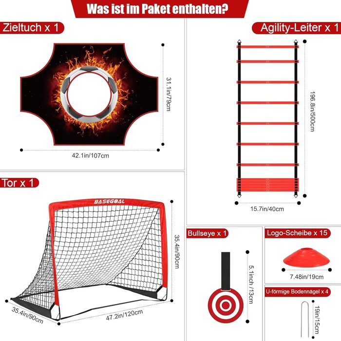 Набір для тренування воріт Kinder Fussballtore 3 в 1 з ціллю, мішенню, конусами та сумкою. Розмір 120x90x90 см. Червоно-чорний, для залу, вулиці та саду.