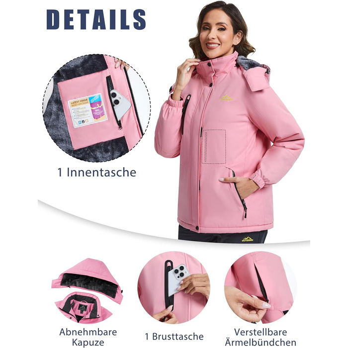 TACVASEN Daen Зимова куртка: водонепроникна, для активного відпочинку, флісова підкладка, знімний капюшон, вітрозахист, сноуборд, білий (рожевий, S)