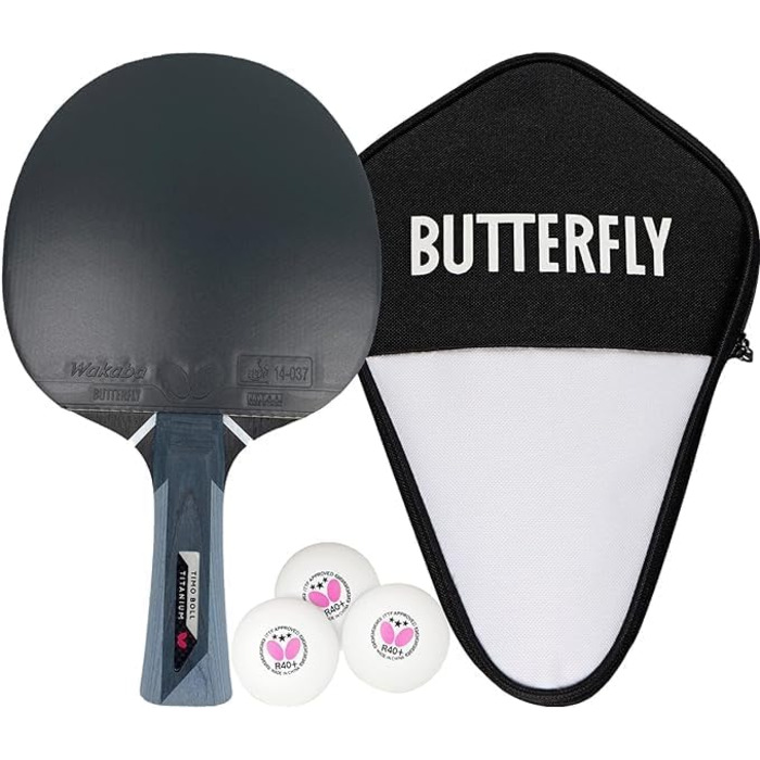 Настільна ракетка Butterfly Timo Boll Titanium з титановим та карбоновим шаром, ITTF сертифікований наклад Wakaba 2,0 мм, увігнута ручка, набір для професійних гравців із чохлом і 3 м'ячами