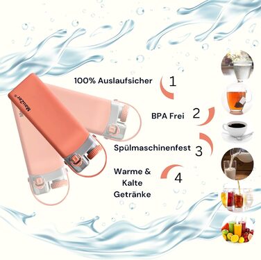 Складана пляшка для води Mauzer® з трубочкою - 600 мл, силікон, без BPA, для дітей, спорту, подорожей, кемпінгу, фестивалів