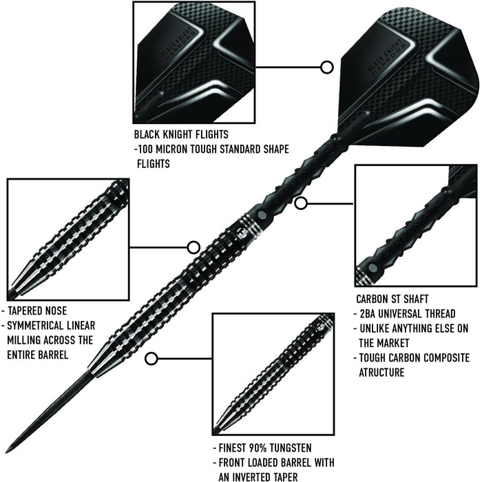 Набір дротиків Harrows Black Knight 90% вольфрам, 22-25 г, сталевий наконечник, Black Carbon ST Midi, Micron Black Knight Flights