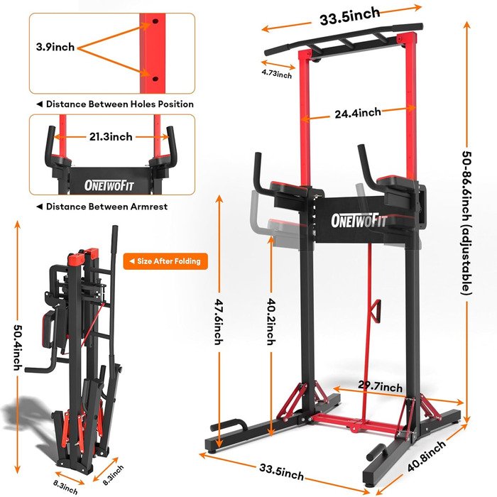 ONETWOFIT Power Tower - Станція для віджимань для дому, регульована висота, 270 кг, BLACK-1